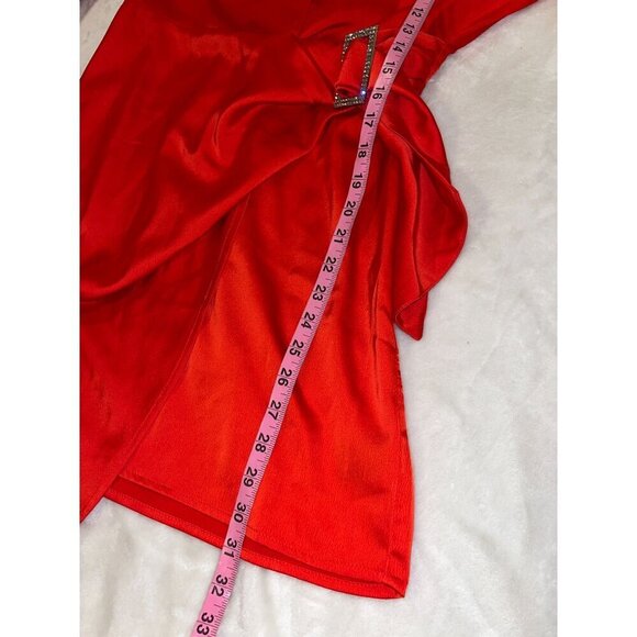HOUSE OF HARLOW Front Rhinestone Buckle Satin Wrap 35" Mini Dress in Red XS - Picture 9 of 11